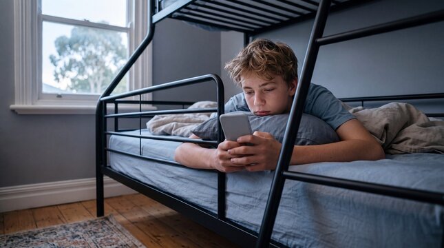 Teenager boy lying on bunk bed using smartphone at home