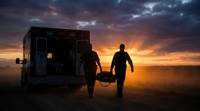 Two paramedics walking on rural path carrying emergency medical bag in silhouette against dramatic sunset sky near ambulance vehicle at outdoor scene.
