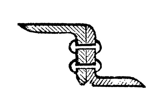 Ship metal rivet fastening, cutaway of an iron plate joint secured with rivets, old vintage illustration, 1897