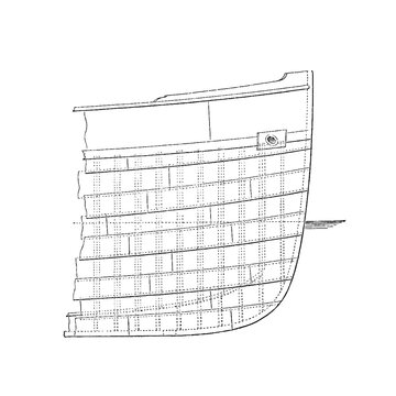 Iron ship construction, side view of hull plating and framing, old vintage illustration, 1897