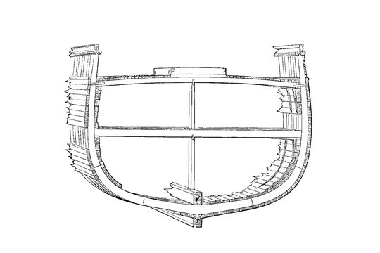 Wooden ship construction, cross section of the hull showing beams, ribs and framing, old vintage illustration, 1897