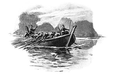 Viking longship, Norse vessel with rowers navigating calm waters beneath towering cliffs, old vintage illustration, 1897 © Timofeeff