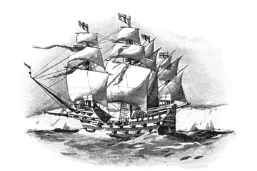 Henry Grace a Dieu, 1515, English great ship and flagship of Henry VIII, old vintage illustration, 1897 © Timofeeff