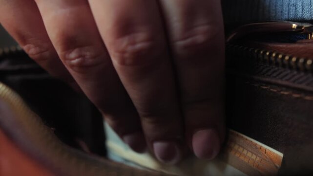 Close up of a hand putting a bundle of banknotes secured with a rubber band into a pocket inside a handbag. High quality 4k footage