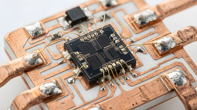 Semiconductor integrated circuit mounted on copper PCB with gold wire bonds for advanced electronics, microchip engineering and technology