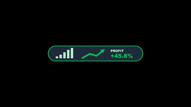 Flat FinTech bullish trend arrow growth pill callout with stepping bar chart animating on a transparent background
