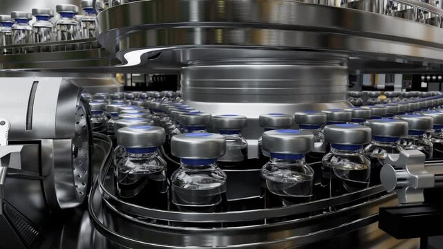 Vaccine bottles on conveyor belt