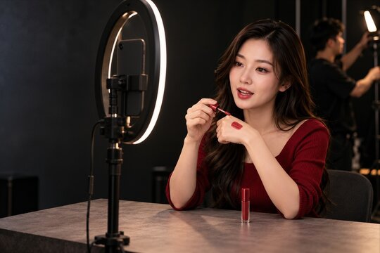 Beauty Presenter Demonstrating a Red Lip Color Swatch for a Smartphone Livestream