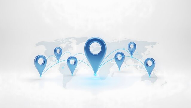 Global network of blue location pins connected on world map background.