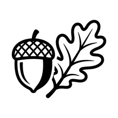 Simple black and white acorn and oak leaf icon isolated on a white background for nature or autumn season themed design © rafiqul