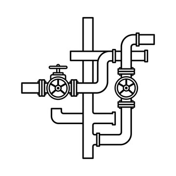 Industrial piping system with gate valves and control valves in a clean black outline graphic illustration style
