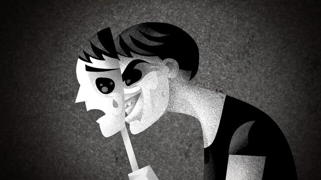 manipulative man wearing a sad mask to deceive others
