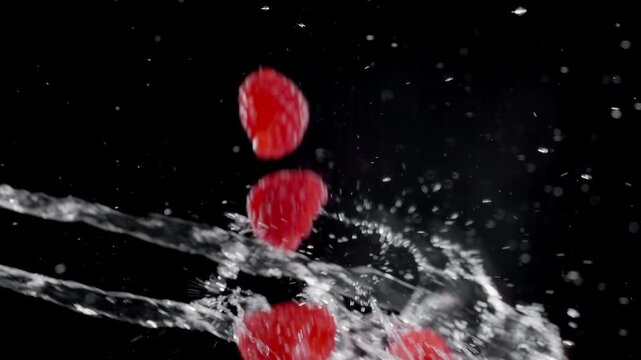 Super slow motion shot water splashing on raspberries at 1000 fps