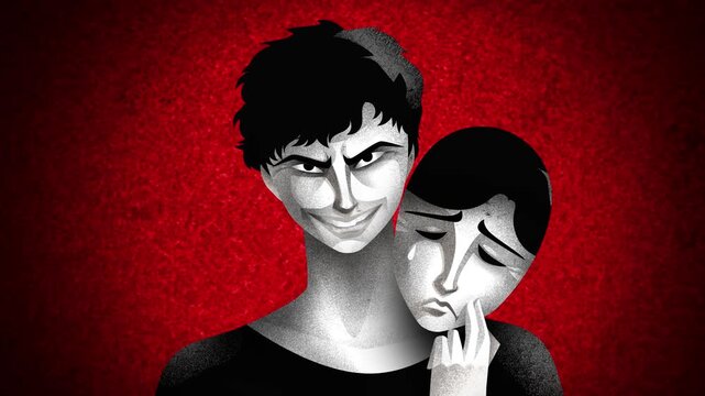 psychopath hiding his face behind a sad empathetic mask to deceive others
