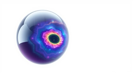 Fototapeta premium Glossy sphere displays vibrant cosmic nebula inside. Purple, blue hues dominate, creating surreal effect. Light reflects off surface.