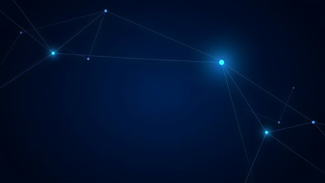 Abstract blue technology background with glowing connected dots and lines representing network data.