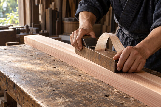 Japanese Woodworker Pulling a Hand Plane on Wooden Board