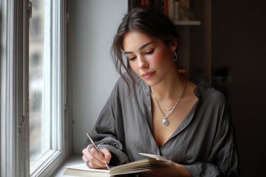 Young woman writing in a journal by the window during a calm afternoon