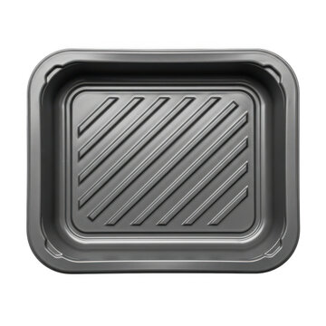 Empty square black metal baking tray with grill pattern for cooking and roasting isolated on transparent background