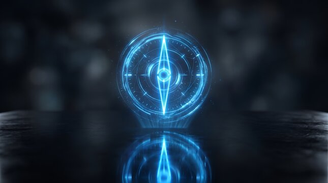 Glowing blue futuristic digital compass hologram reflecting on a dark surface illustrating strategic navigation and future guidance