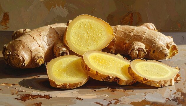 Fresh ginger slices arranged beside whole root