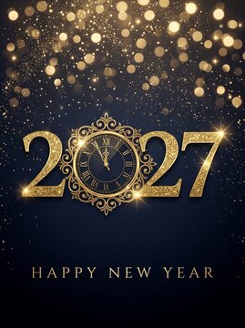 Elegant Happy New Year 2027 Greeting Card Featuring a Sophisticated Golden Antique Clock Design Set Against a Dark Blue Background with Shimmering Bokeh Lights and Glittering Festive Elements