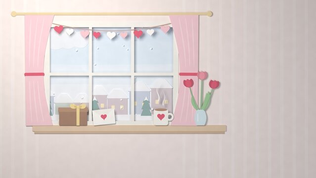 Paper Cut Valentine Window Sill Illustration with Chocolates a Love Letter Cocoa Tulips and a Heart Garland in Winter
