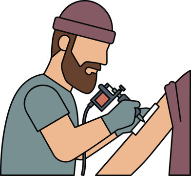 Bearded tattoo artist in beanie and gloves using a tattoo machine on a client's arm, flat vector illustration