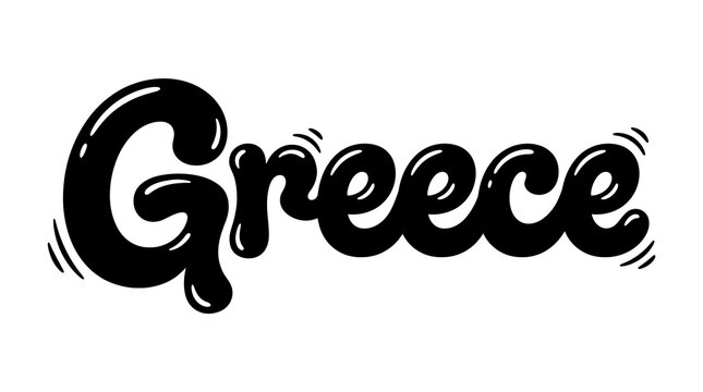 Hand drawn comic style Greece text logo with glossy black bubbly letters on white background