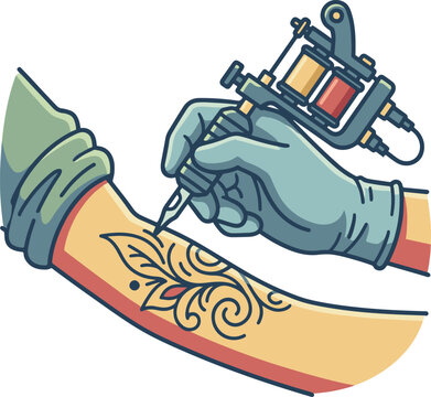 Tattooing arm vector illustration with gloved hand using tattoo machine to ink a floral ornamental design on skin