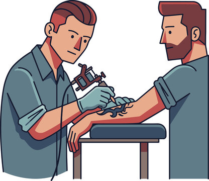 Tattoo artist wearing gloves using a tattoo machine to ink a design on the forearm of a bearded male client