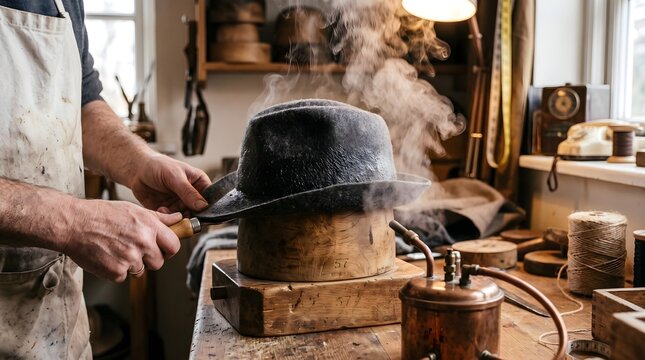 Vintage Milliner Steaming Felt Fedora Hat, Craftsman Shaping Custom Headwear, Artisan Workshop Craftsmanship