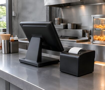 Food stall counter with matte black cash register and receipt printer