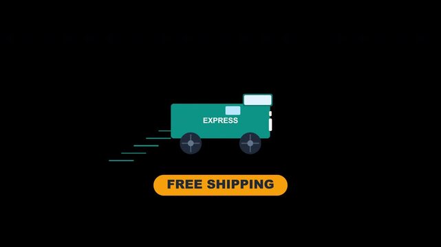 Flat free shipping delivery van moving rapidly forward with speed lines on a transparent background
