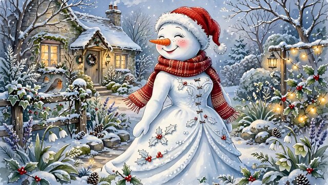 Inverno e freddo: buffo pupazzo di neve a forma di donna con sviarpa e cappello