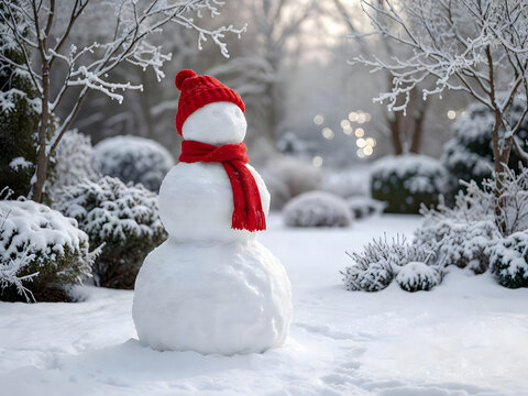 Inverno e freddo: buffo pupazzo di neve a forma di donna con sviarpa e cappello