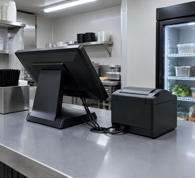 Compact food stall interior with payment terminal and receipt printer