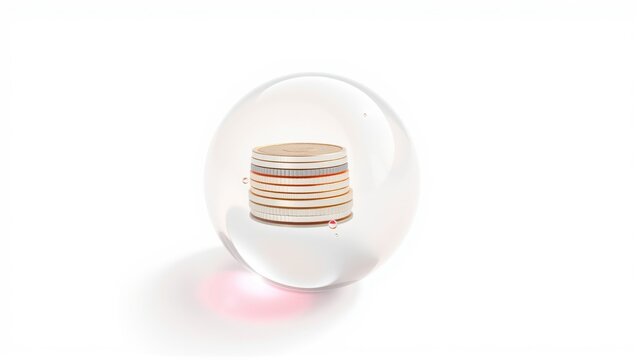 Coins inside transparent sphere. Minimalist studio shot, white background, soft shadow. Focus on financial security concept.
