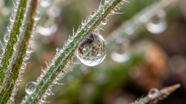 Macro shot of sparkling clear water dew drop hanging on green blade of grass AI-generated