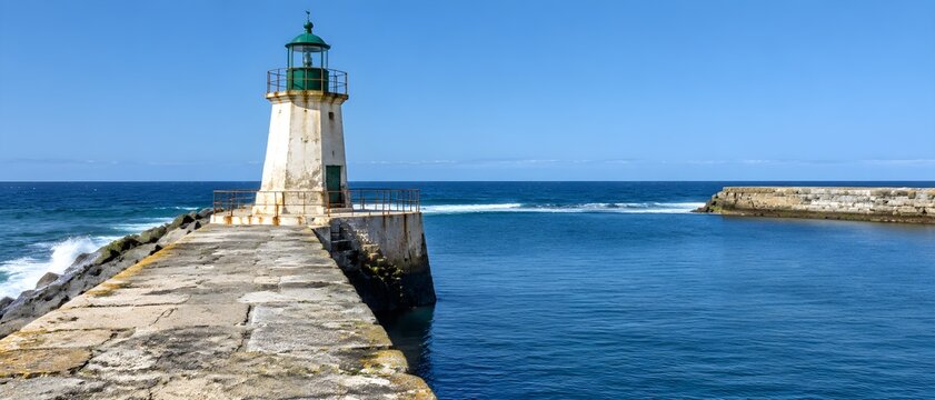 Squat concrete harbour entrance light tower with a small green lantern beacon