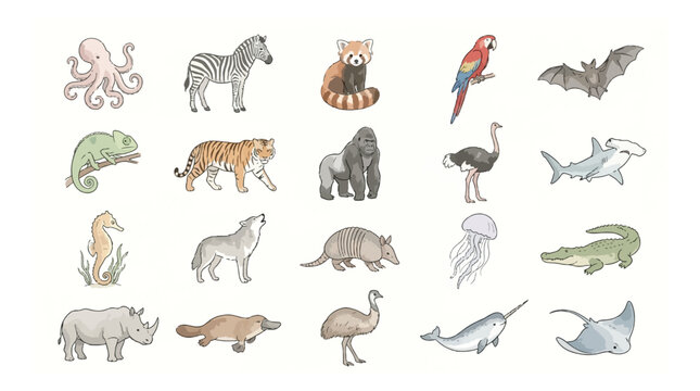 Hand-drawn animal illustrations set, 20 wildlife vector icons, watercolor style zoo and marine creatures for educational design