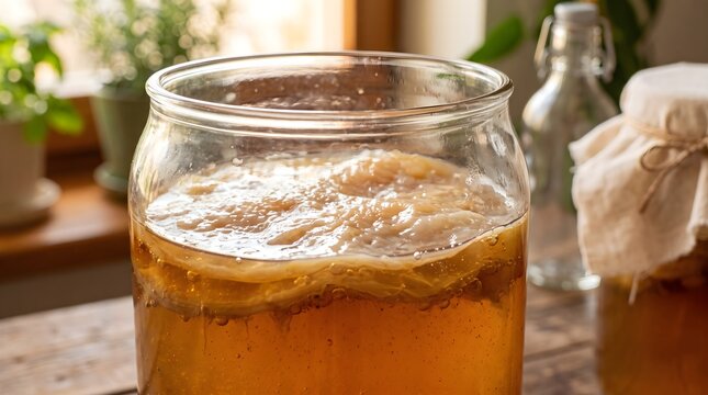 Homemade kombucha tea in large glass jar with scoby culture, fermented organic wellness beverage, healthy probiotic drink preparation
