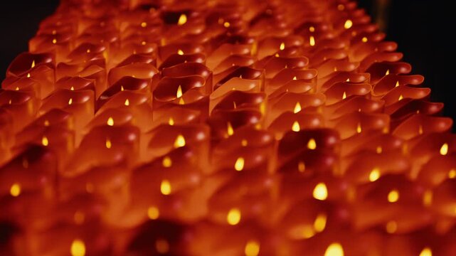 Close-up of numerous lit candles glowing with warm amber firelight