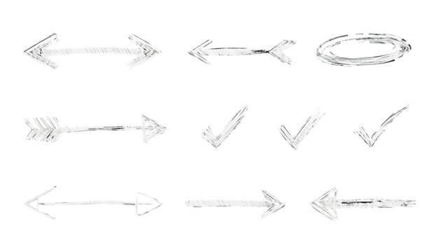 Arrow hand drawn line set. Hand drawn arrow line mark underline check brush doodle sketch highlight. Chalk marker scribble circle curve tick sign grunge blackboard background.