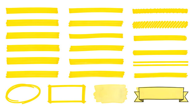 Marker highlight text line set. Hand drawn marker highlight text line yellow stroke brush pen underline. Paper banner frame watercolor sharpie memo background.