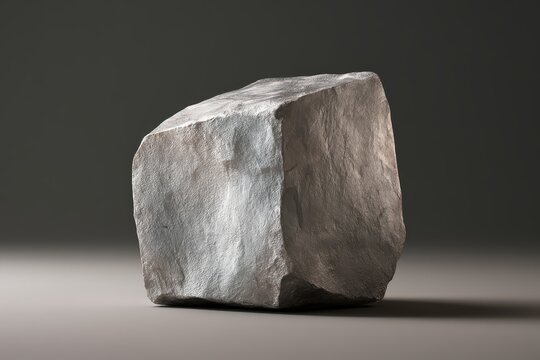 Minimalist macro photo of conceptual bohrium metal lump, chunky cuboid silvery grey specimen with pitted grainy texture and bronze tint on warm grey surface, dark charcoal gradient background
