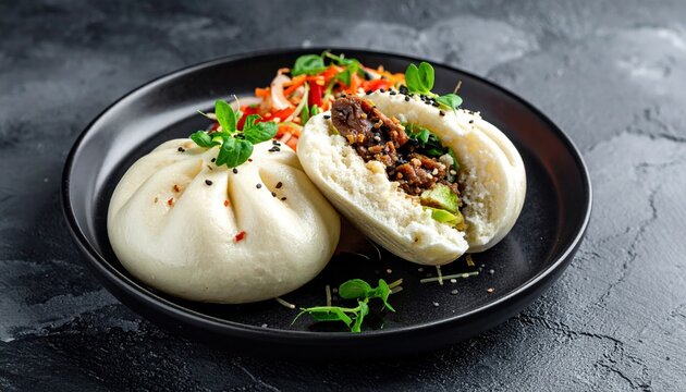 Soft steamed bao bun served on black ceramic plate