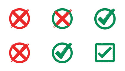 Check mark cross icon set. Brush check icon mark cross tick with red green circle box symbol. Hand drawn yes correct wrong paint stroke checklist verification background. © Mudassir