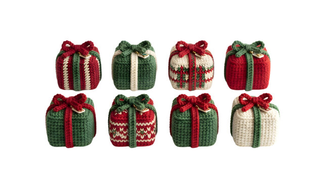A collection of eight decorative crocheted gift boxes with bows isolated on transparent background