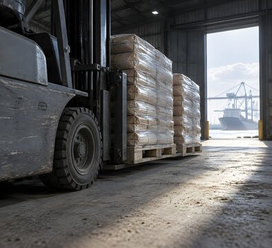 Forklift handling paper sack pallets in port transit shed